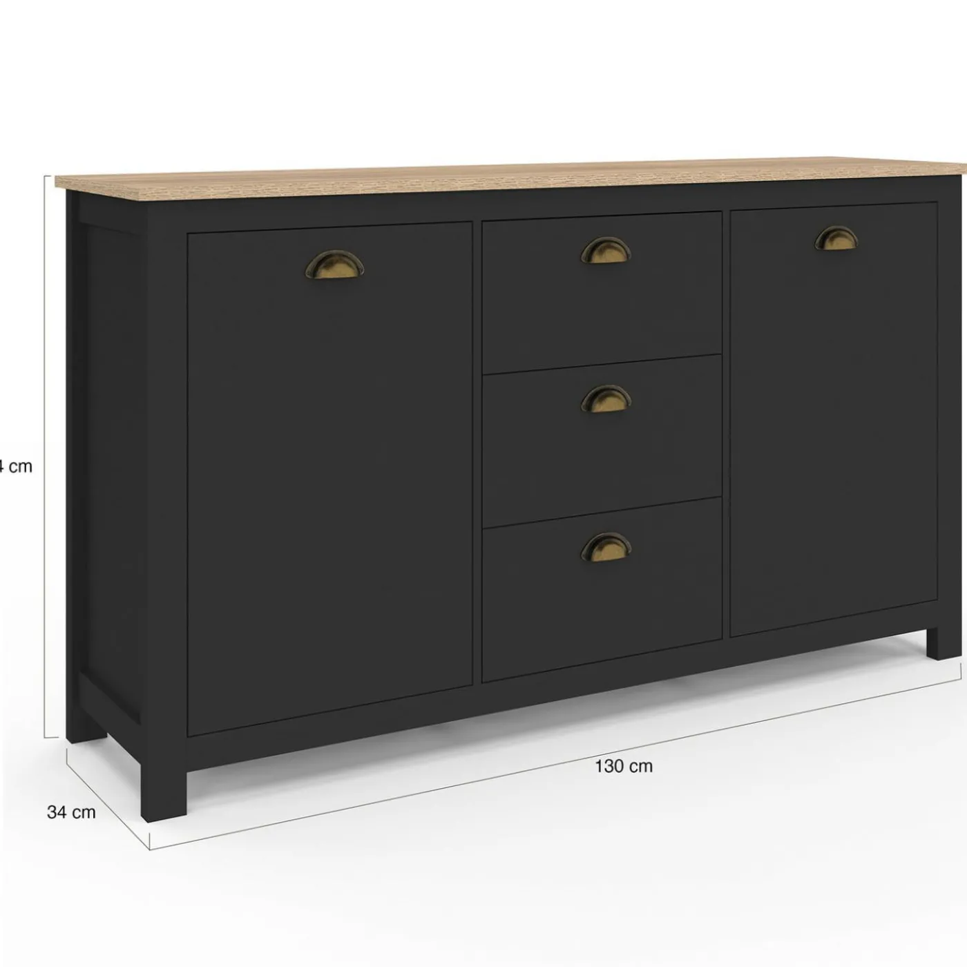 Buffet campagne 130 CM 2 portes 3 tirroirs bois et noir