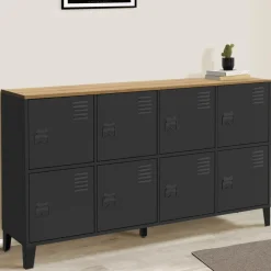 Buffet casier 8 portes en métal noir avec plateau bois 139 cm