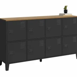 Buffet casier 8 portes en métal noir avec plateau bois 139 cm