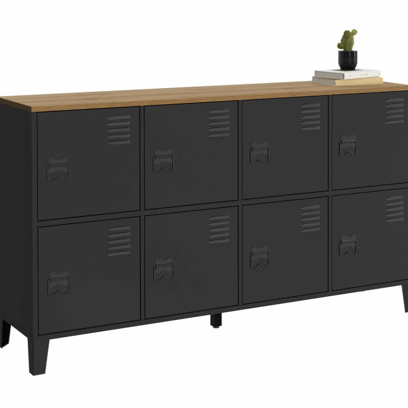 Buffet casier 8 portes en métal noir avec plateau bois 139 cm