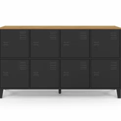 Buffet casier 8 portes en métal noir avec plateau bois 139 cm