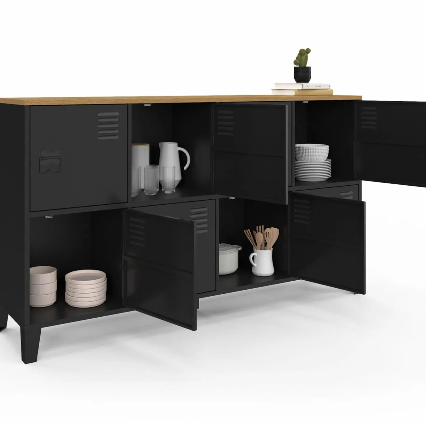 Buffet casier 8 portes en métal noir avec plateau bois 139 cm