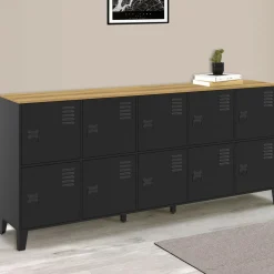 Buffet casier 180cm design industriel 10 portes en métal noir et plateau bois