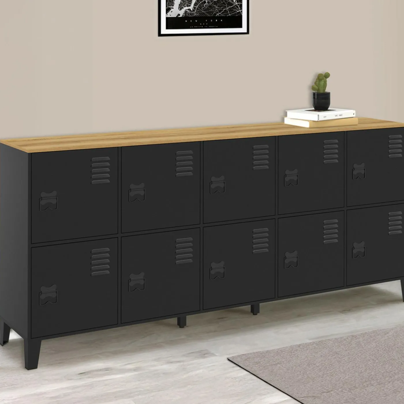 Buffet casier 180cm design industriel 10 portes en métal noir et plateau bois