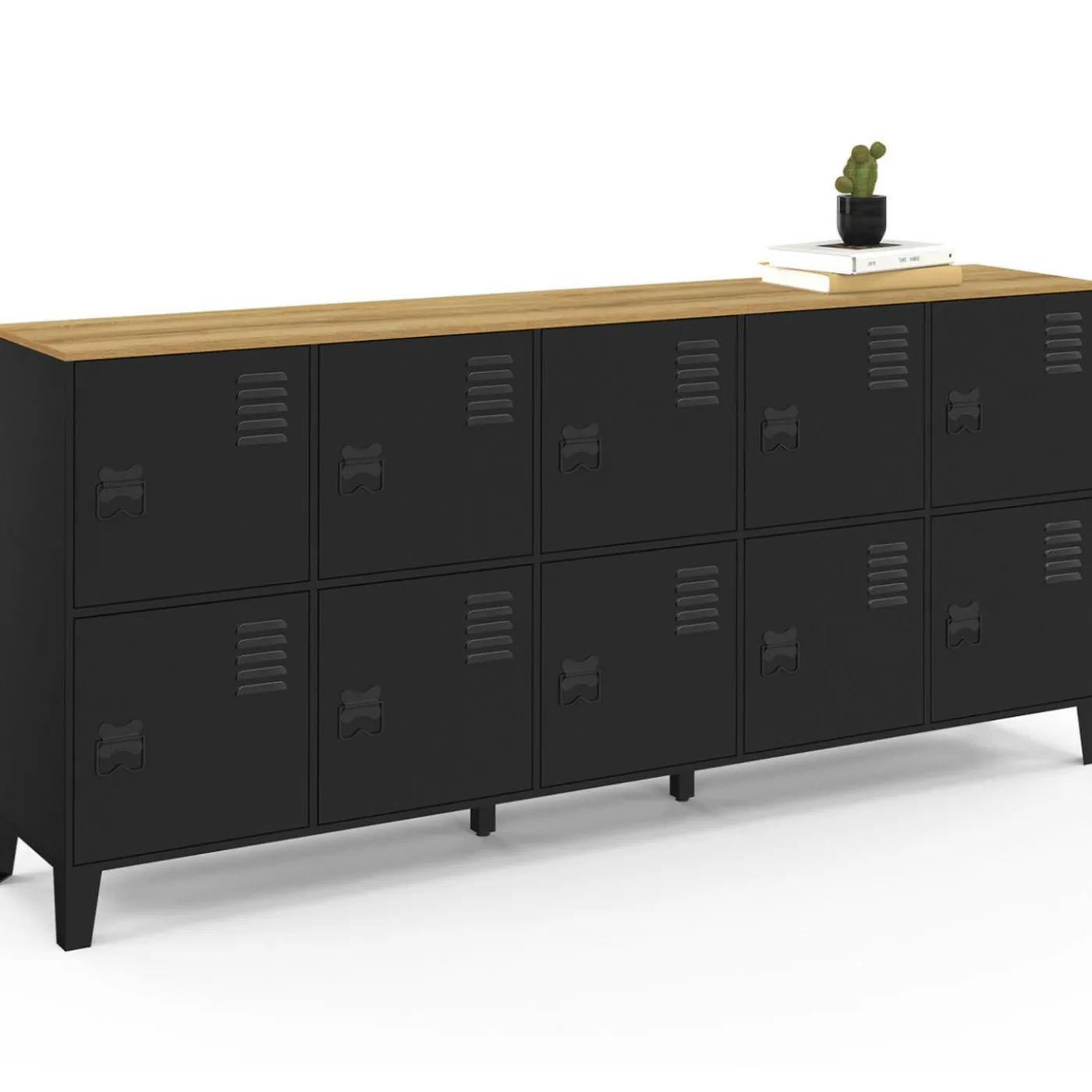 Buffet casier 180cm design industriel 10 portes en métal noir et plateau bois