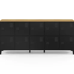 Buffet casier 180cm design industriel 10 portes en métal noir et plateau bois