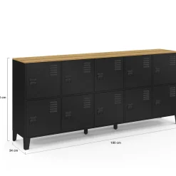 Buffet casier 180cm design industriel 10 portes en métal noir et plateau bois