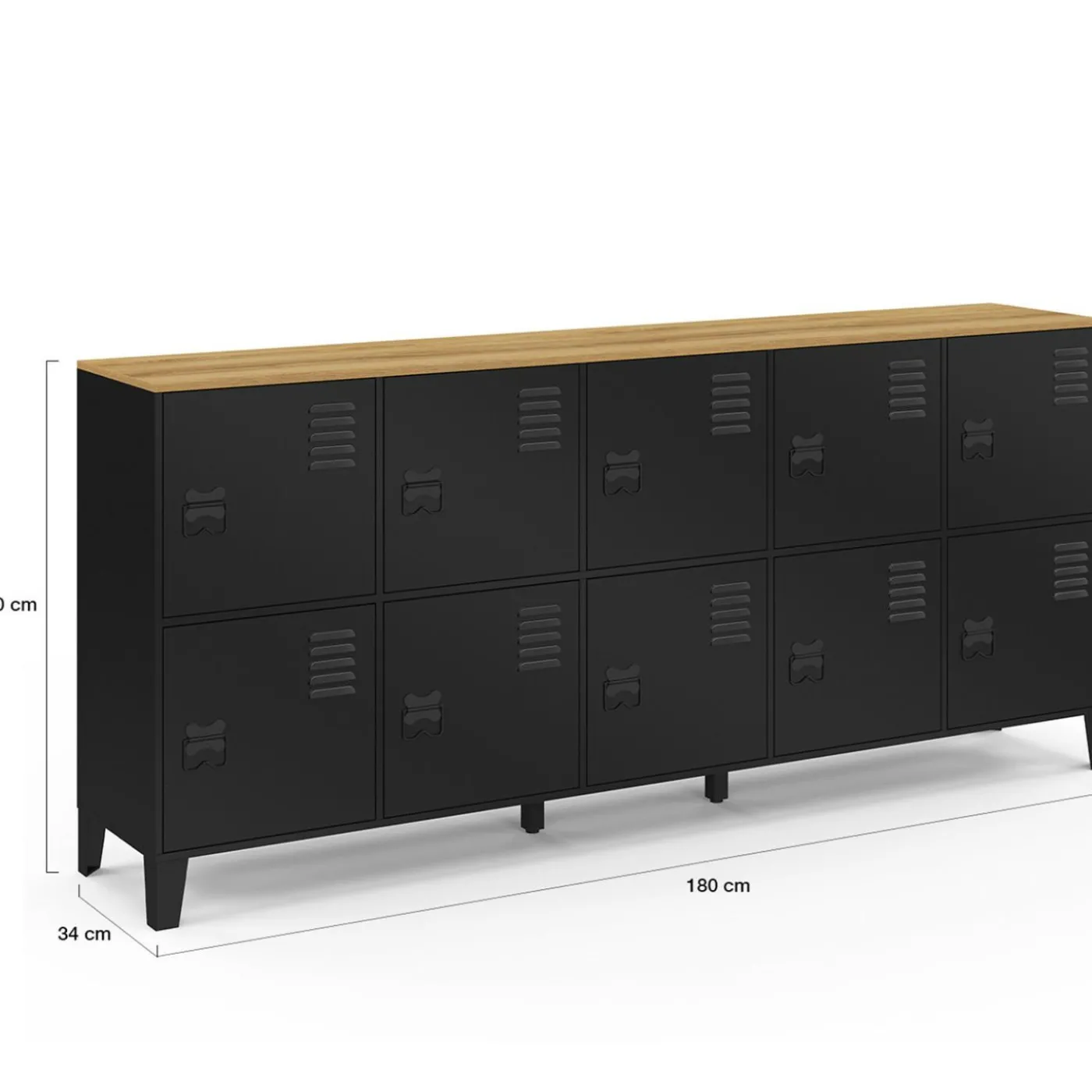Buffet casier 180cm design industriel 10 portes en métal noir et plateau bois