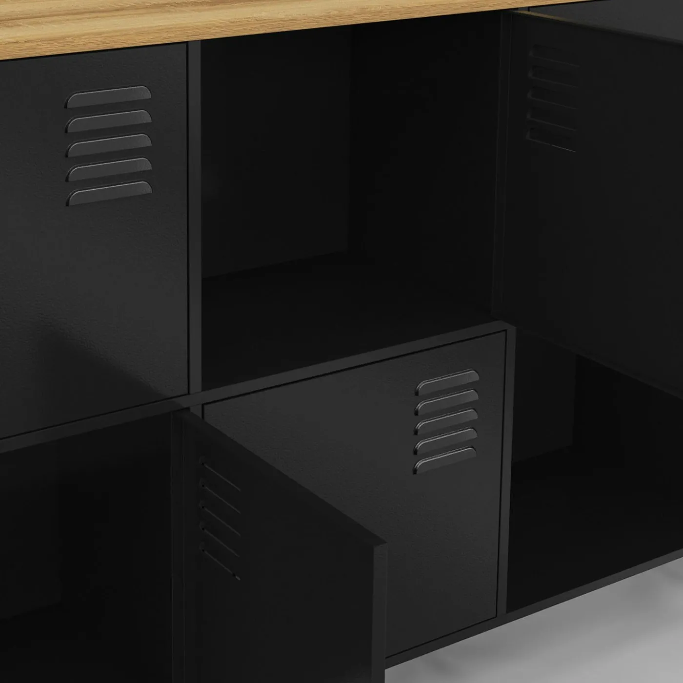 Buffet casier 180cm design industriel 10 portes en métal noir et plateau bois
