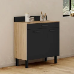 Buffet casserolier de cuisine de 80 cm avec 2 portes, 1 tiroir et un plan de travail façon hêtre