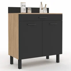Buffet casserolier de cuisine de 80 cm avec 2 portes, 1 tiroir et un plan de travail façon hêtre