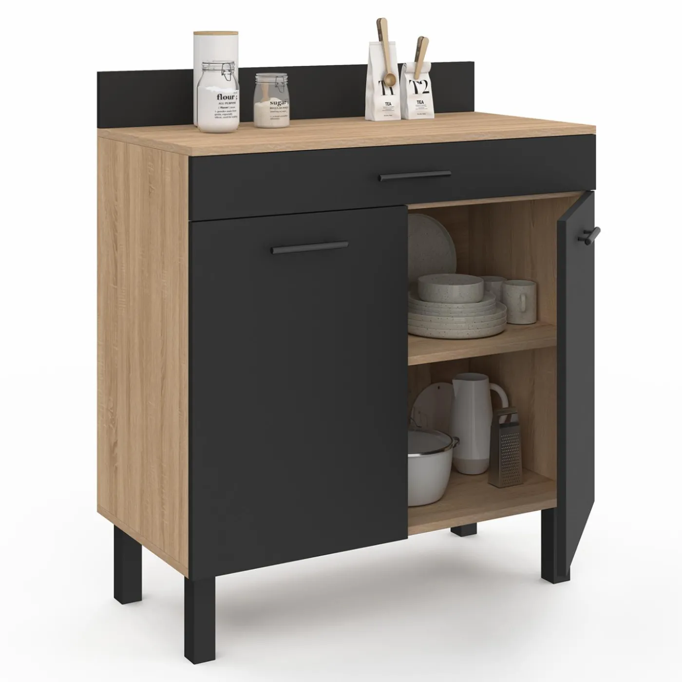 Buffet casserolier de cuisine de 80 cm avec 2 portes, 1 tiroir et un plan de travail façon hêtre