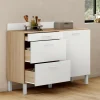 Buffet casserolier de cuisine 120 cm avec 1 porte et 3 tiroirs façon hêtre et blanc