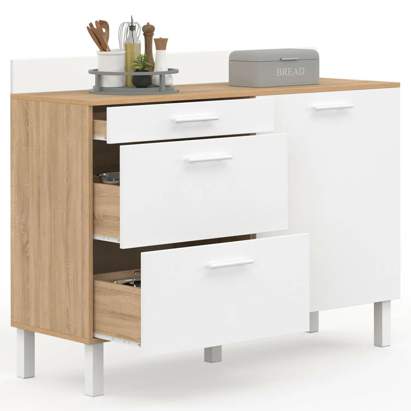 Buffet casserolier de cuisine 120 cm avec 1 porte et 3 tiroirs façon hêtre et blanc