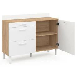 Buffet casserolier de cuisine 120 cm avec 1 porte et 3 tiroirs façon hêtre et blanc