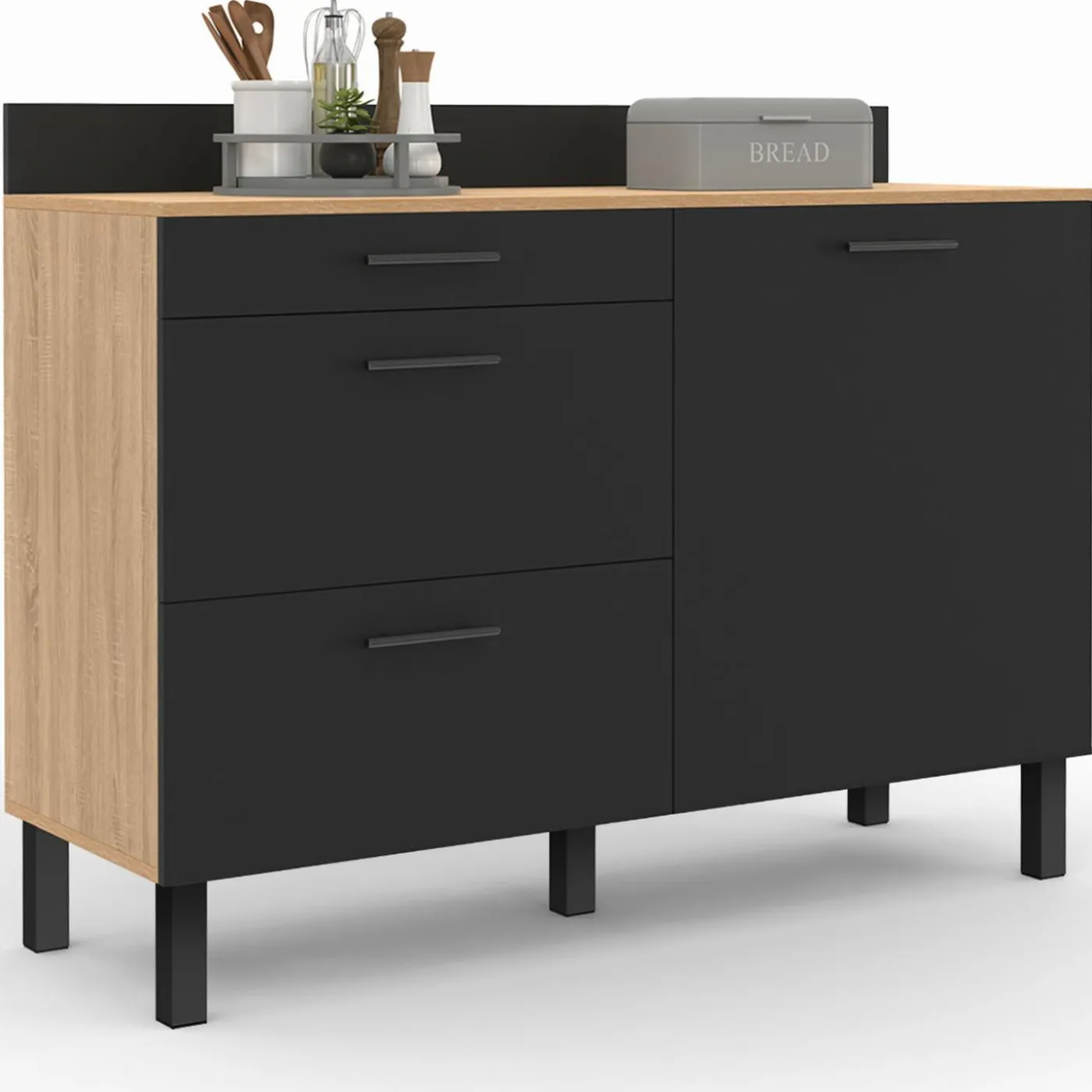 Buffet casserolier de cuisine noir et façon hêtre avec 1 porte et 3 tiroirs