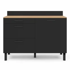 Buffet casserolier de cuisine noir et façon hêtre avec 1 porte et 3 tiroirs