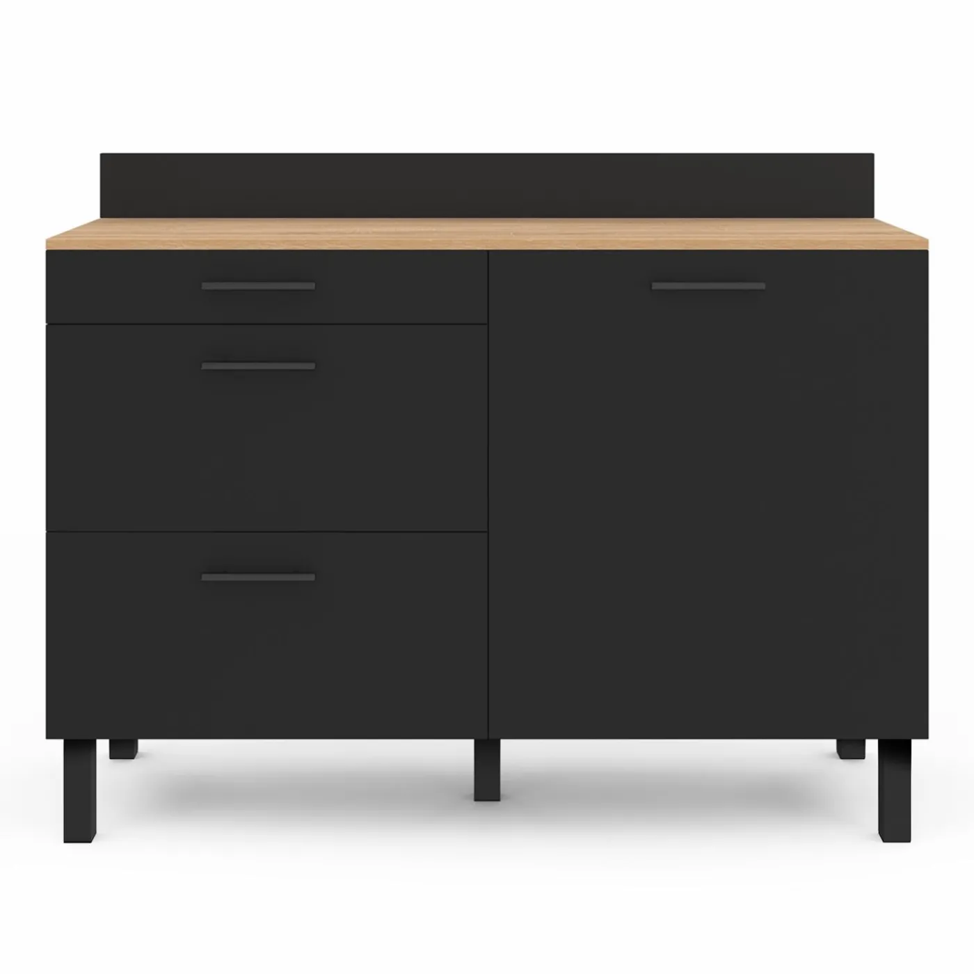 Buffet casserolier de cuisine noir et façon hêtre avec 1 porte et 3 tiroirs