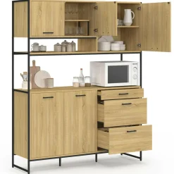 Buffet casserolier de cuisine 140 cm 5 portes + 3 tiroirs design industriel