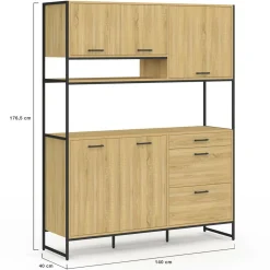 Buffet casserolier de cuisine 140 cm 5 portes + 3 tiroirs design industriel
