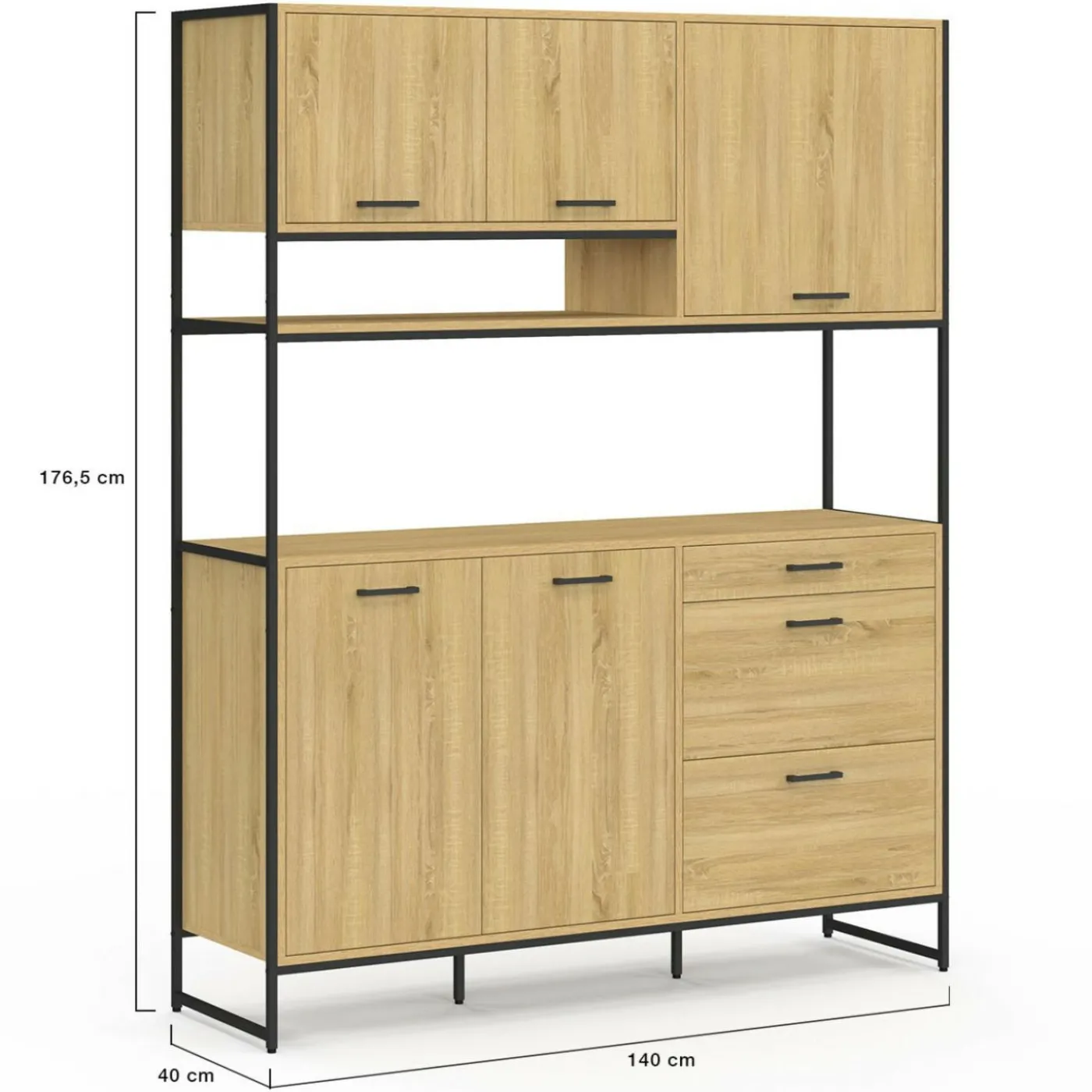 Buffet casserolier de cuisine 140 cm 5 portes + 3 tiroirs design industriel