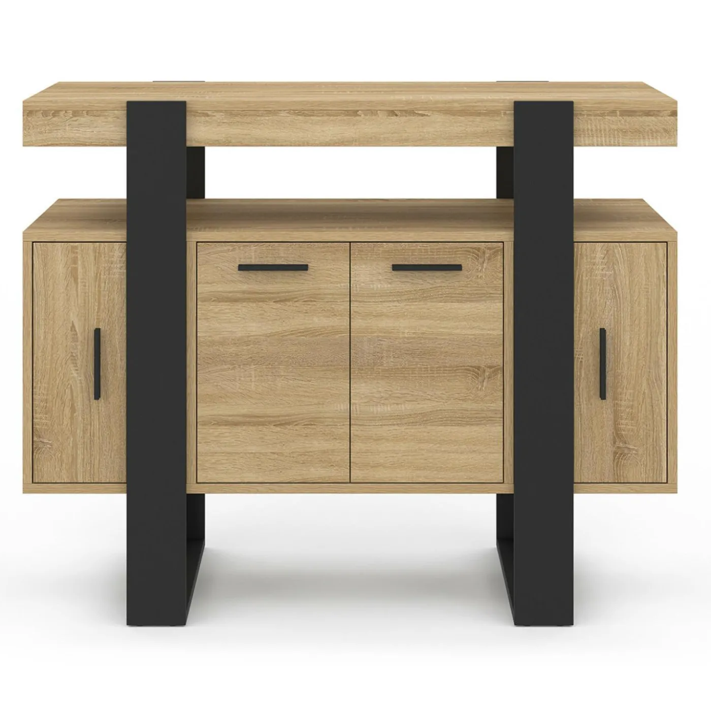 Buffet 100cm 4 portes bois et noir avec étagère