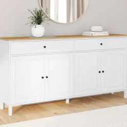 Buffet 160cm 4 portes et 2 tiroirs blanc et plateau bois