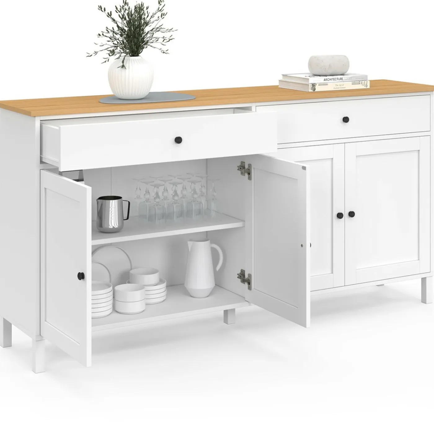 Buffet 160cm 4 portes et 2 tiroirs blanc et plateau bois