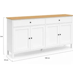 Buffet 160cm 4 portes et 2 tiroirs blanc et plateau bois