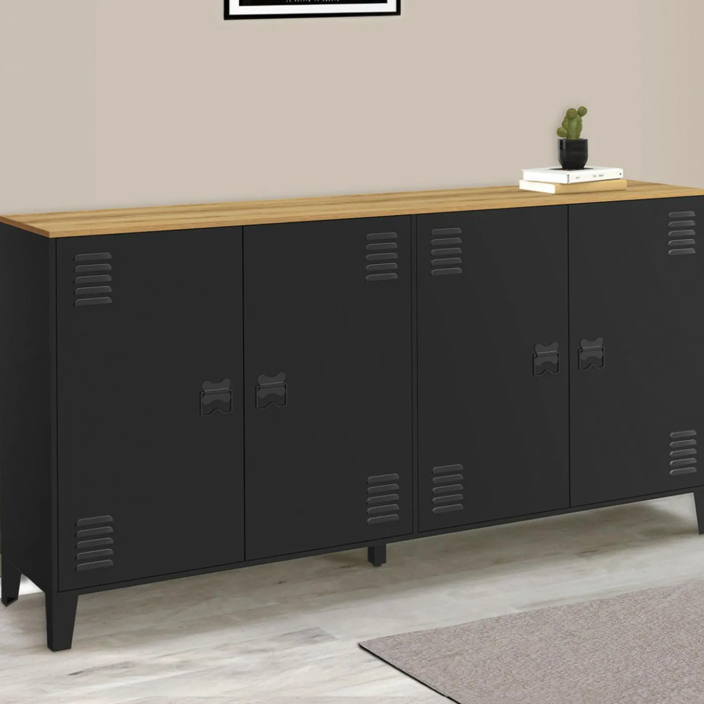 Buffet 160cm ESTER 4 portes en métal noir plateau bois design industriel
