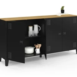 Buffet 160cm ESTER 4 portes en métal noir plateau bois design industriel