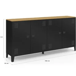Buffet 160cm ESTER 4 portes en métal noir plateau bois design industriel