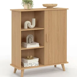 Buffet d'appoint 70 cm bois effet lattes et tasseau avec 3 étagères et placard