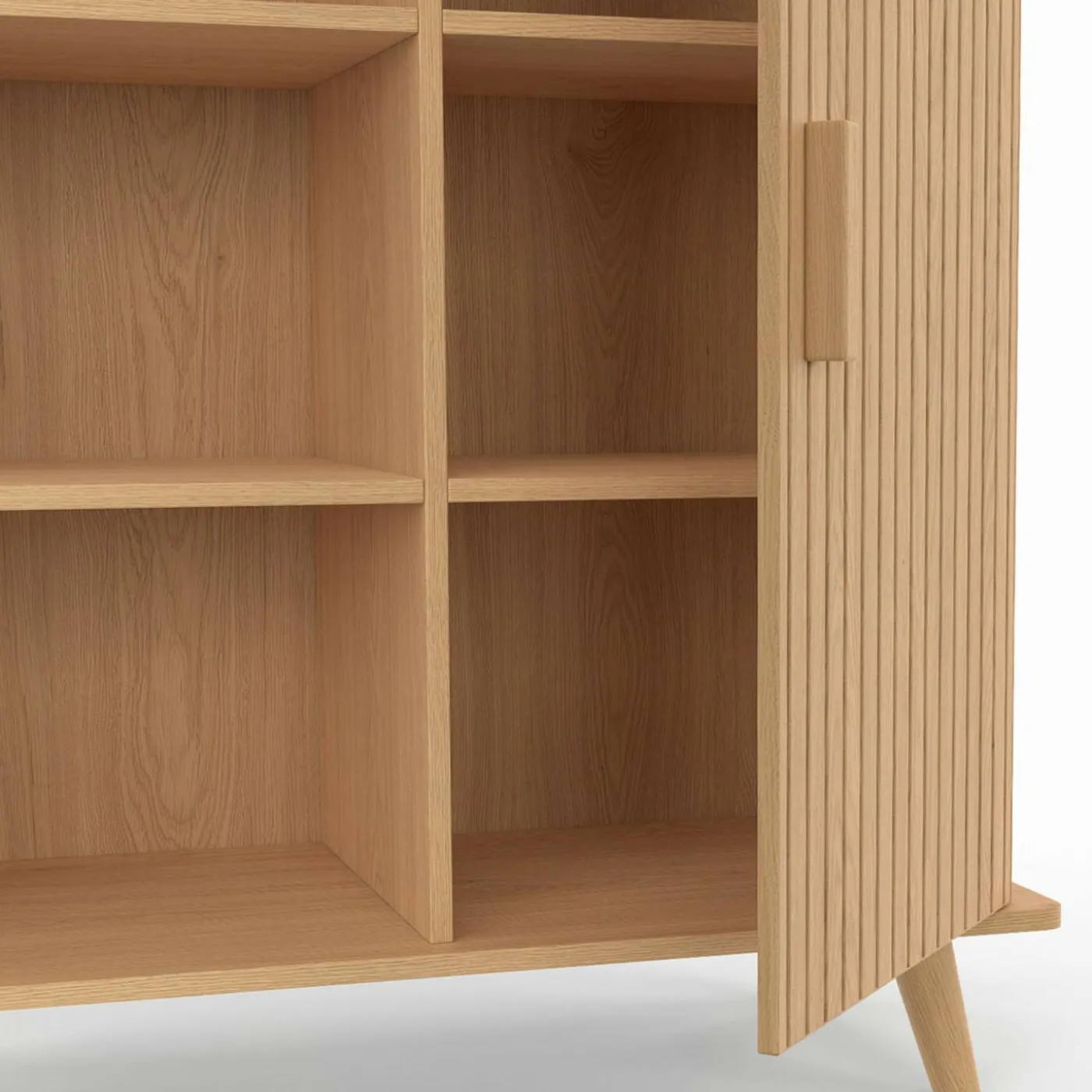 Buffet d'appoint 70 cm bois effet lattes et tasseau avec 3 étagères et placard