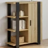 Buffet d'appoint 3 étagères et placard 70 cm bois et noir