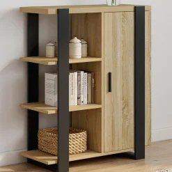 Buffet d'appoint 3 étagères et placard 70 cm bois et noir