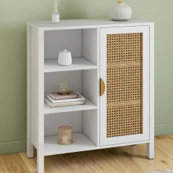 Buffet d'appoint 3 étagères et placard de 70 cm blanc avec cannage