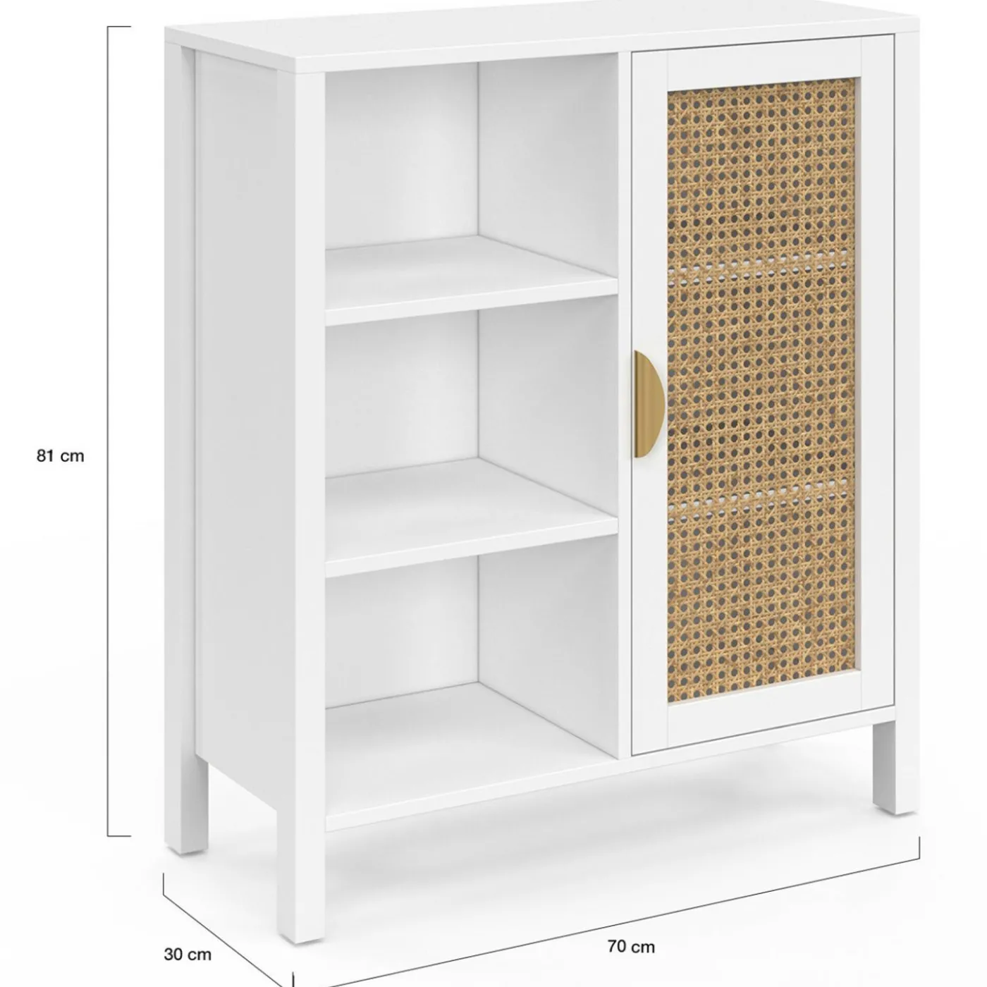 Buffet d'appoint 3 étagères et placard de 70 cm blanc avec cannage