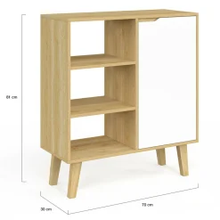 Buffet d'appoint 3 étagères et placard 70 cm blanc et bois façon hêtre