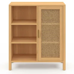 Buffet d’appoint cannage avec 3 étagères et placard 70 cm