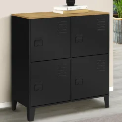 Buffet d'appoint casier 70 cm 4 portes en métal noir plateau bois design industriel