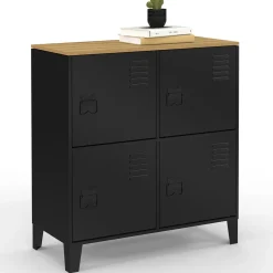 Buffet d'appoint casier 70 cm 4 portes en métal noir plateau bois design industriel