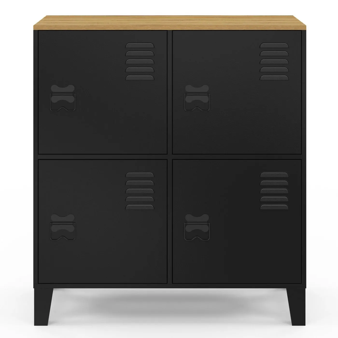 Buffet d'appoint casier 70 cm 4 portes en métal noir plateau bois design industriel