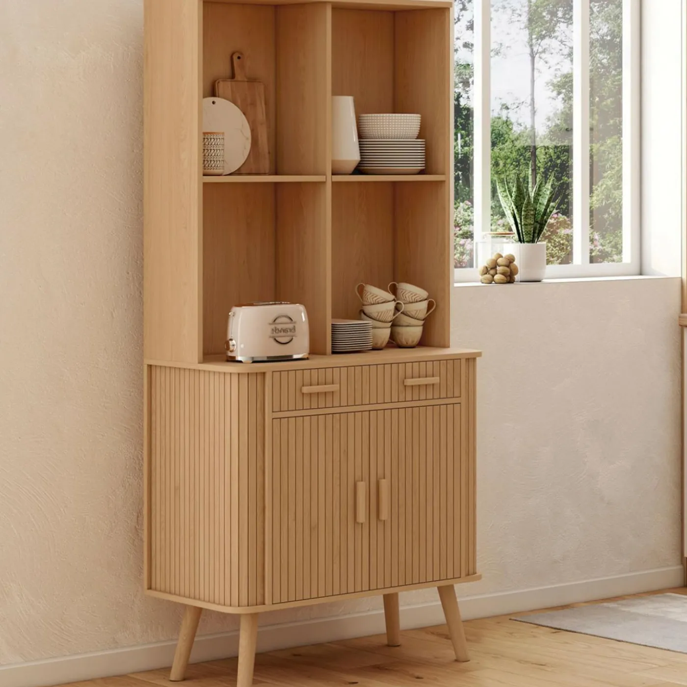 Buffet de cuisine 80 CM 2 portes + tiroir effet lattes tasseau de bois