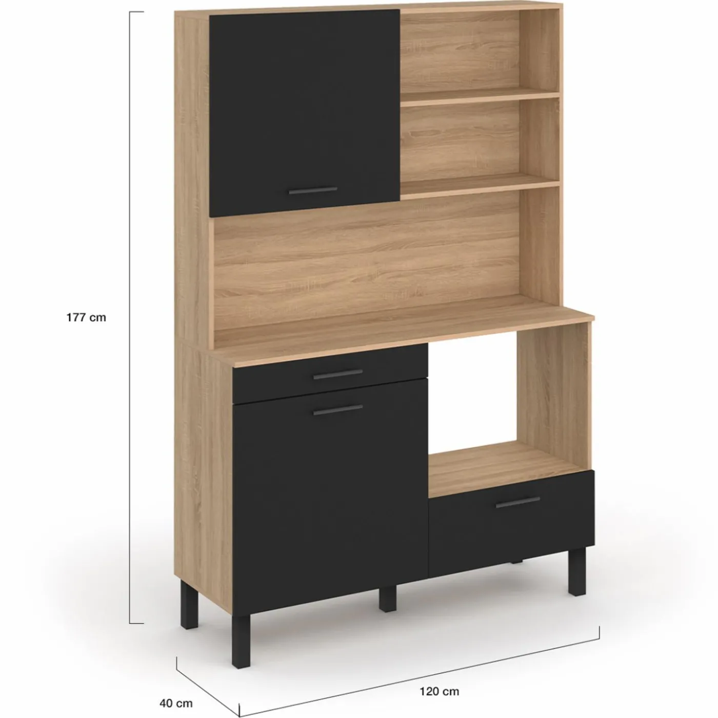 Buffet de cuisine 3 portes + 1 tiroir façon hêtre et noir 120cm