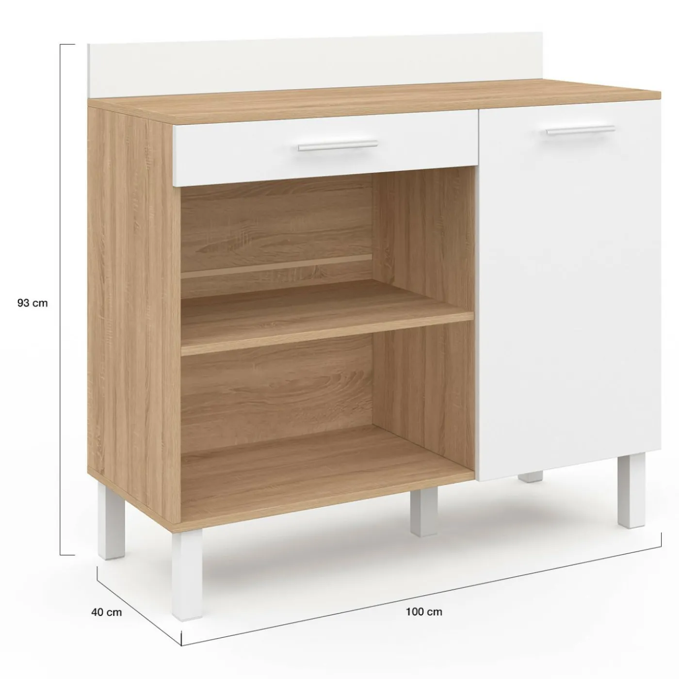 Buffet de cuisine bas 100 cm bois façon hêtre et blanc plan de travail H.83 cm
