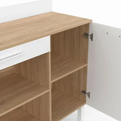 Buffet de cuisine bas 100 cm bois façon hêtre et blanc plan de travail H.83 cm