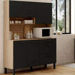 Buffet de cuisine casserolier 5 portes + 3 tiroirs façon hêtre et noir