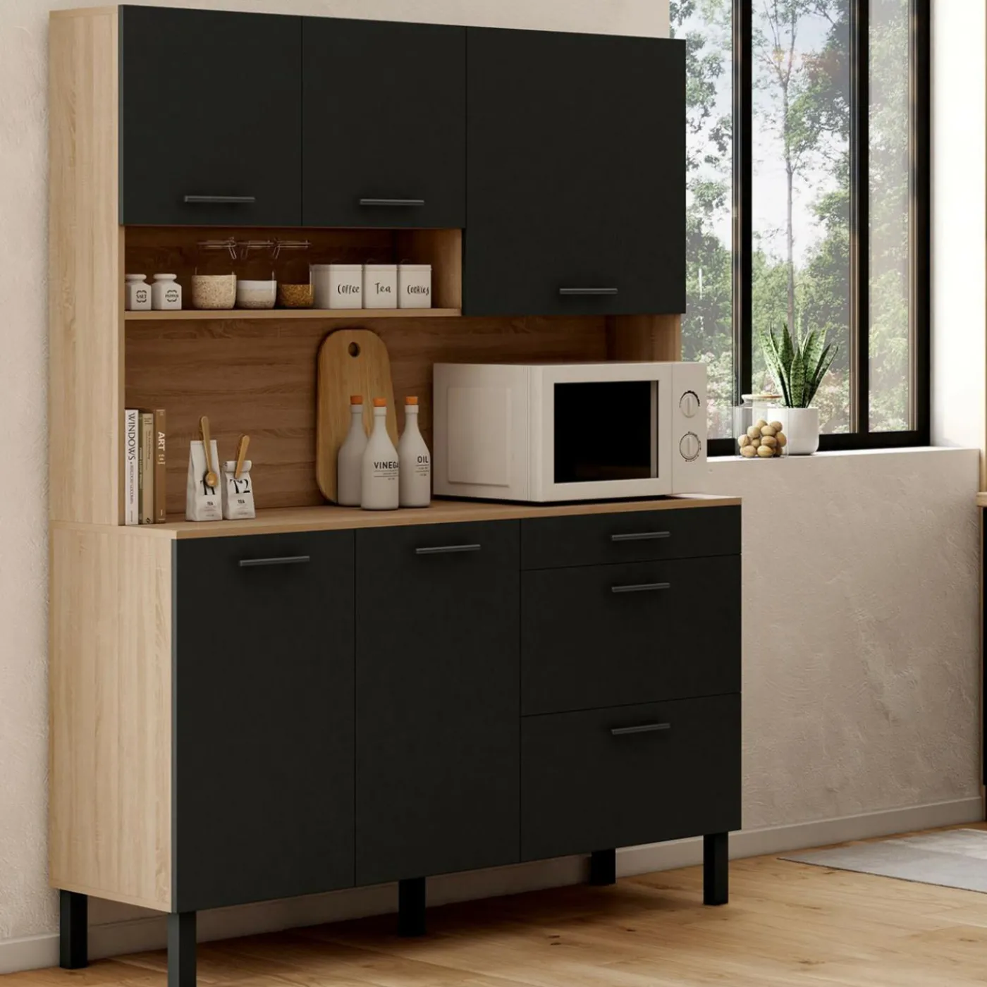 Buffet de cuisine casserolier 5 portes + 3 tiroirs façon hêtre et noir