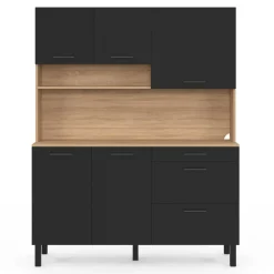Buffet de cuisine casserolier 5 portes + 3 tiroirs façon hêtre et noir